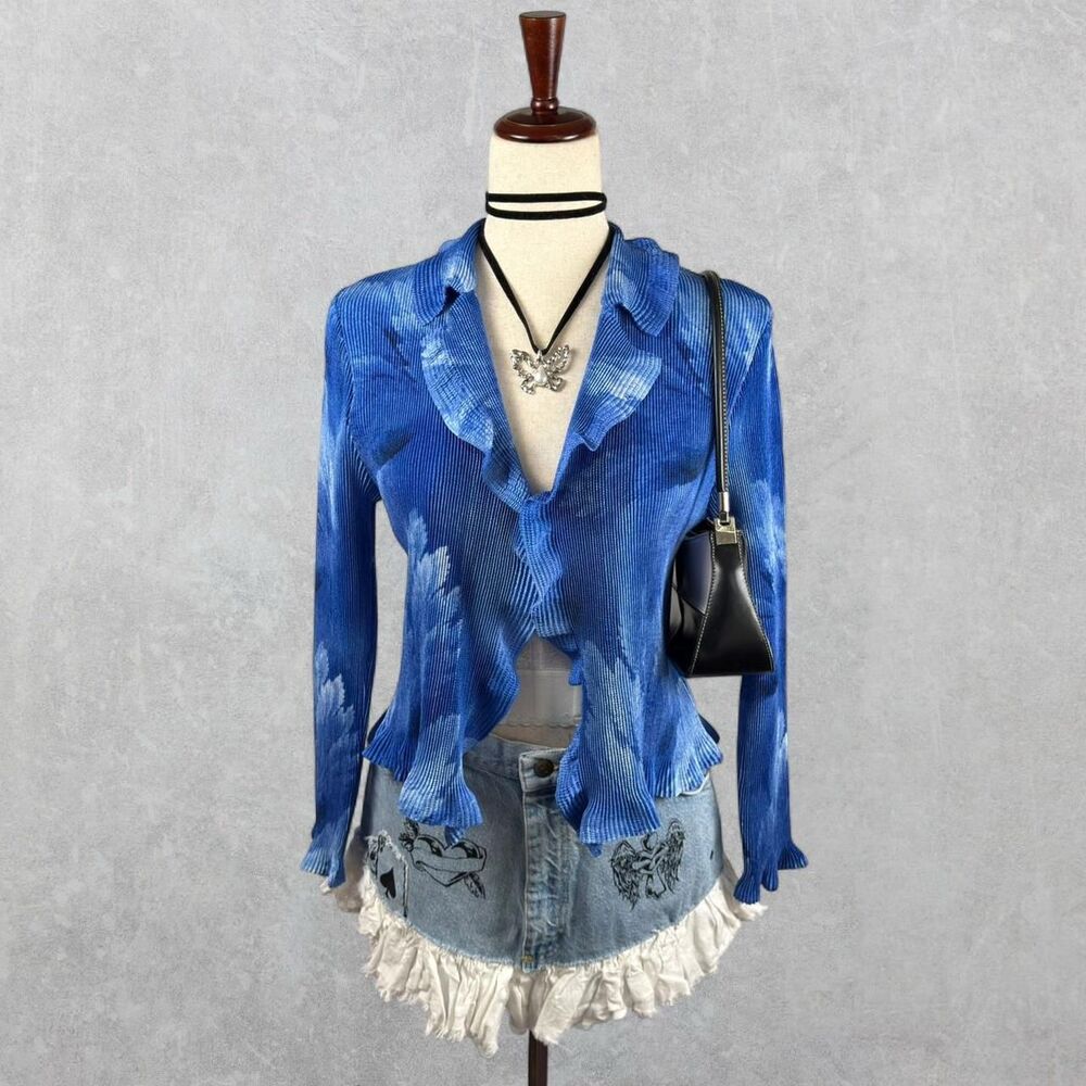 Y2K Caeliann Cerulean Blue Floral Pleated Open Front Ruffle Cardigan